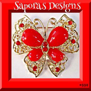 Gold In Color Butterfly Design Brooch With Red Crystals & Red Beads